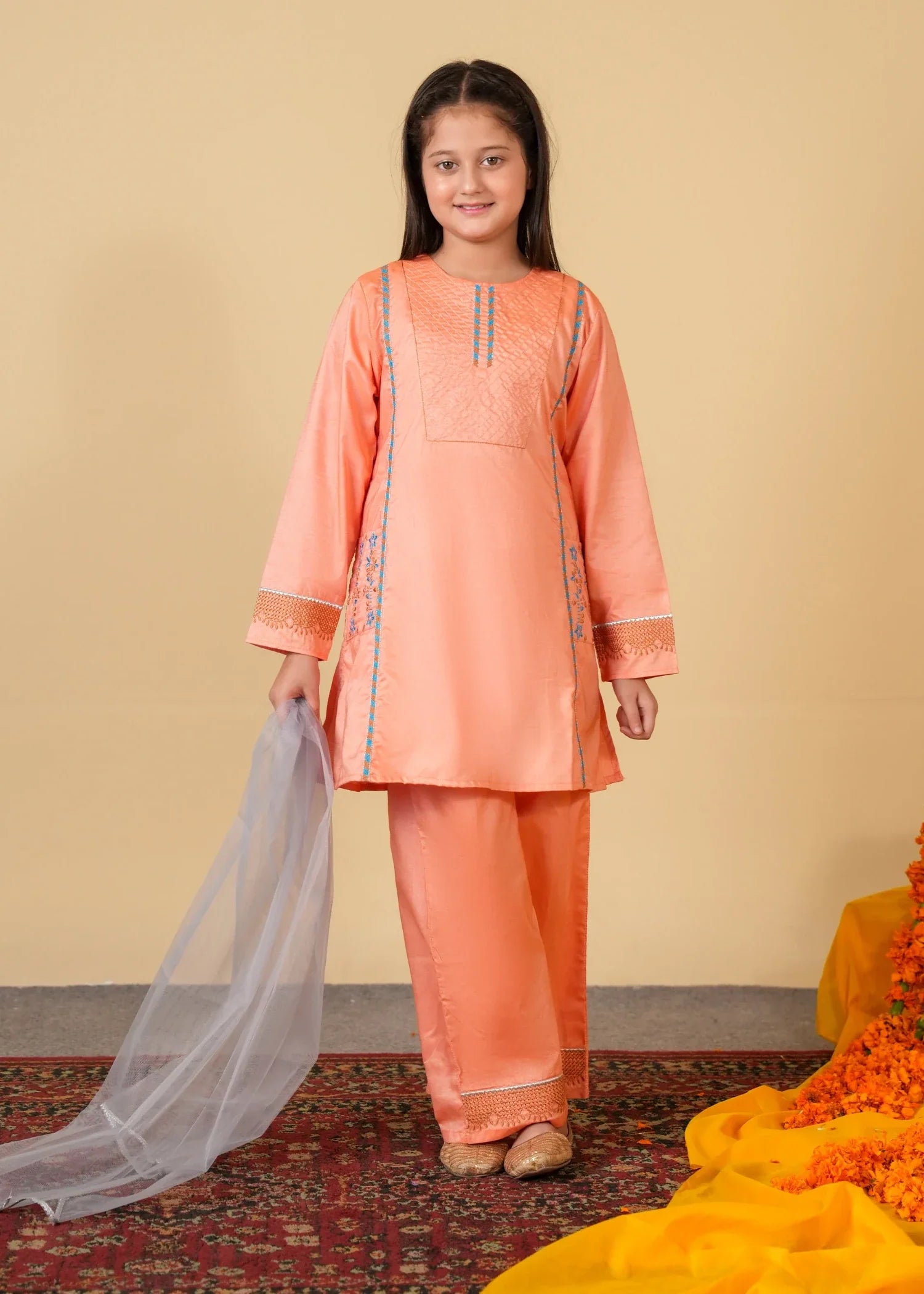 PEACH-EMBROIDERED-3 - Piece Cotton Suit For Girls