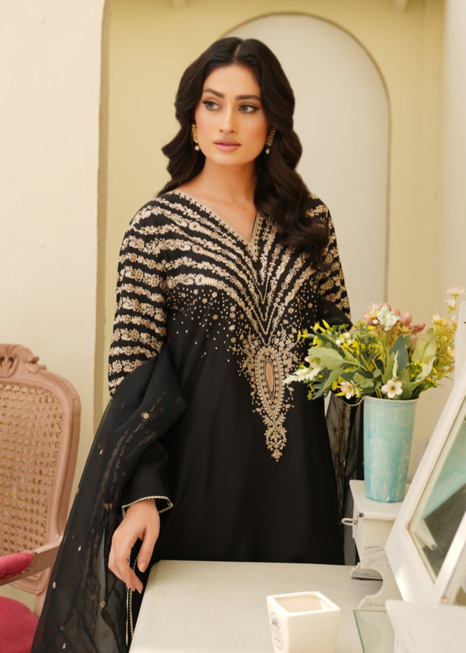 Tehzeeb Libas BLACK PEACOCK EMBROIDERED 3PC