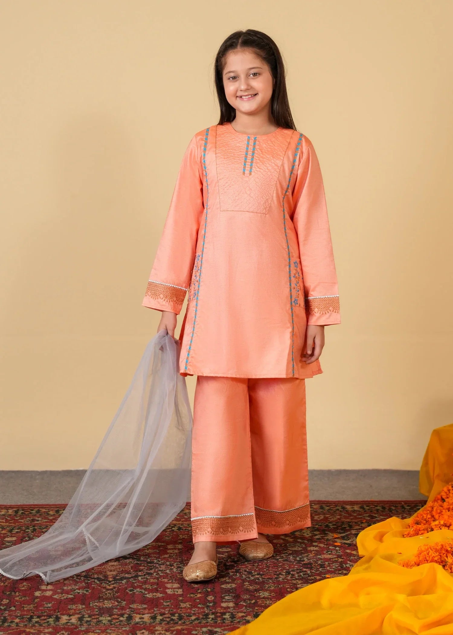 PEACH-EMBROIDERED-3 - Piece Cotton Suit For Girls