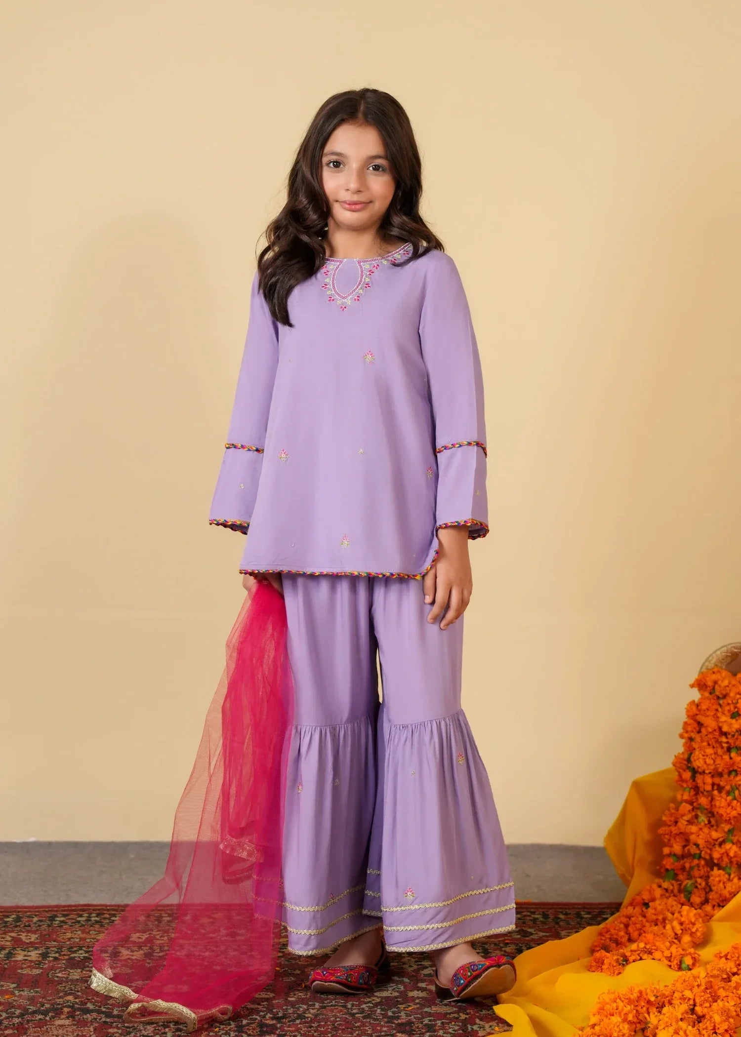 LAVENDER-GHARARA-SUIT-WITH-SHORT-SHIRT-NET-DUPATTA-FESTIVE-KIDSWEAR