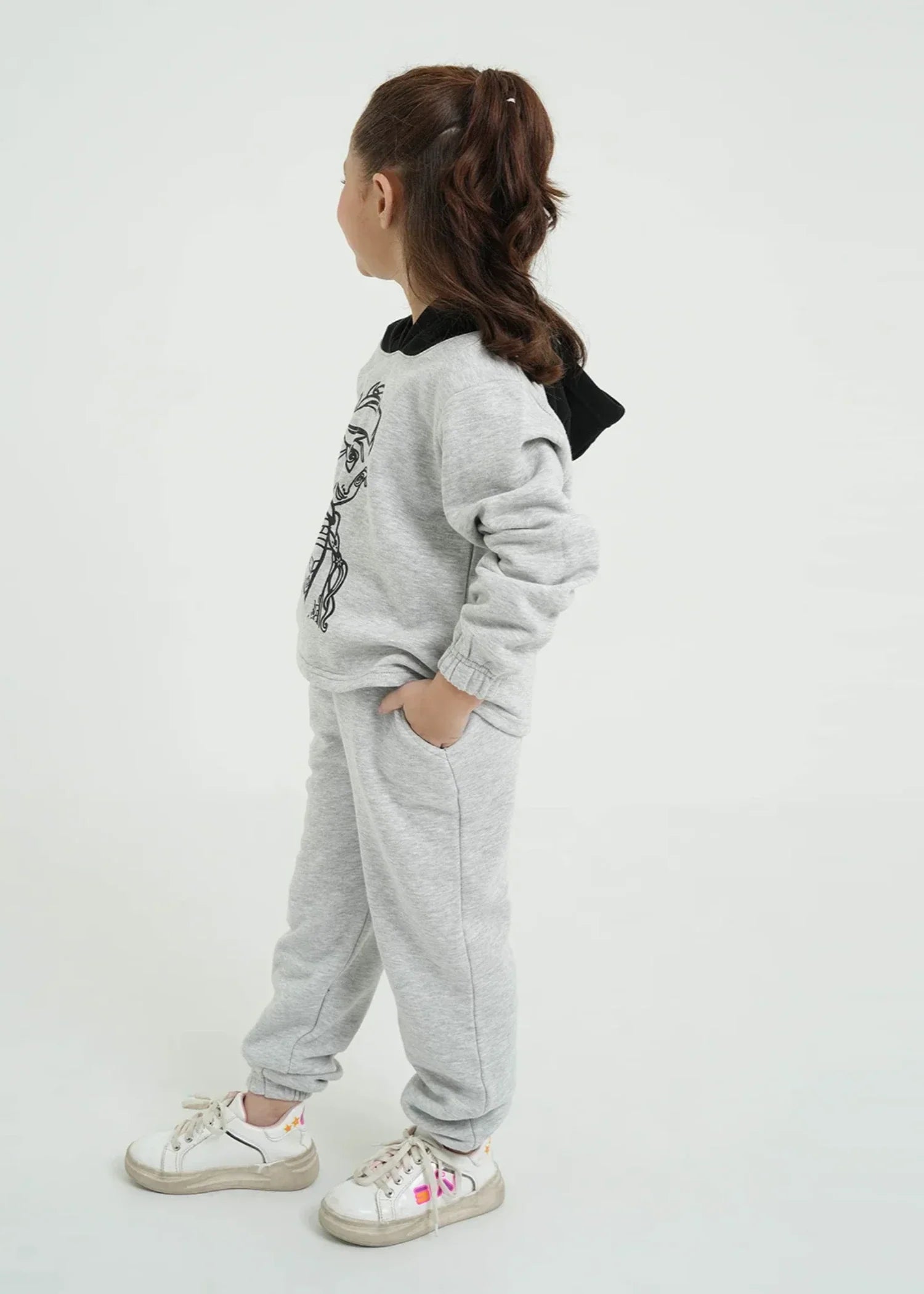 GIRLS-GREY-ELSA-TRACKSUIT-100 - Cotton Fleece Short Body Hoodie Joggers