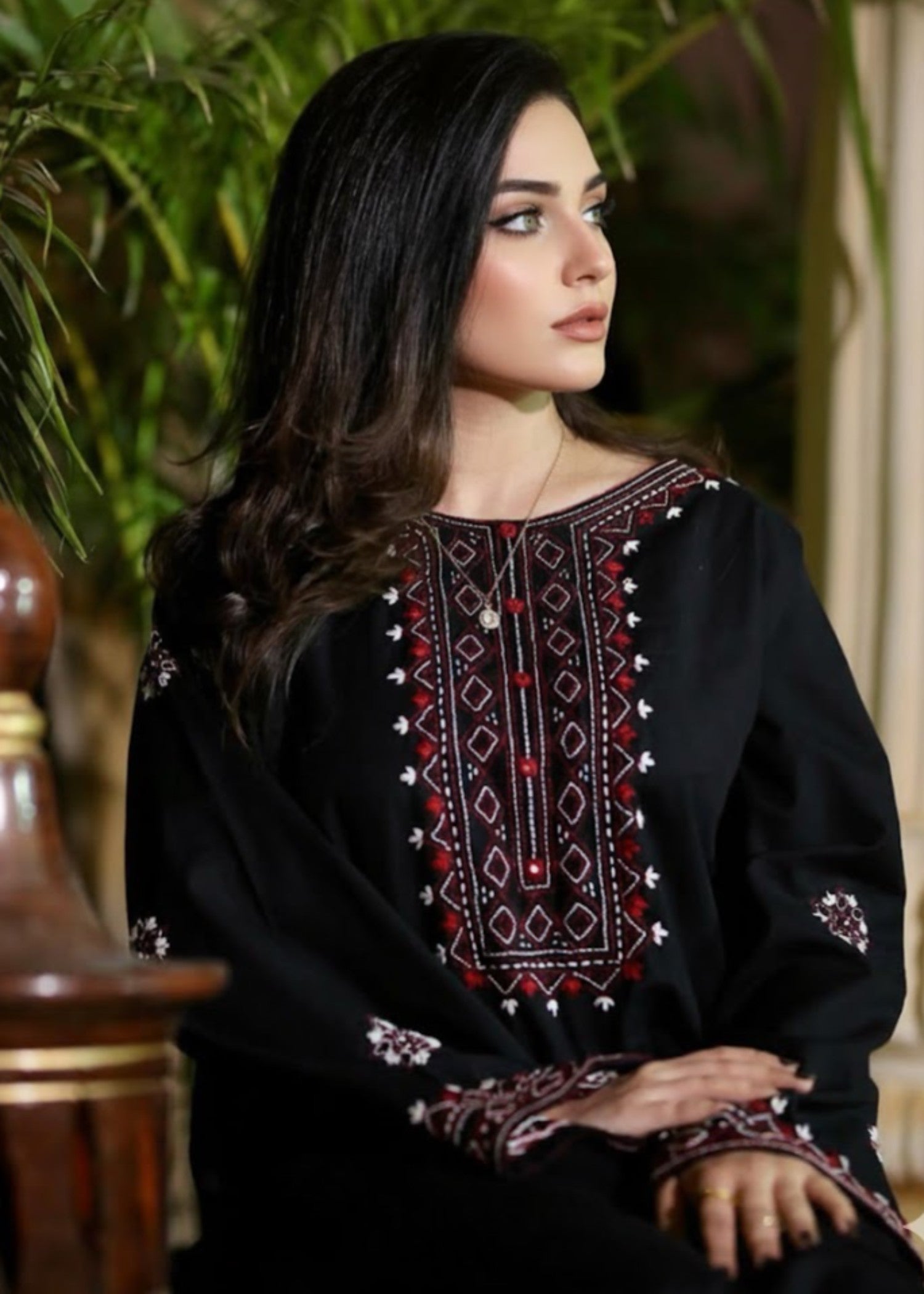 Tehzeeb Libas Midnight Maroon Embroidered Linen 2PC Suit